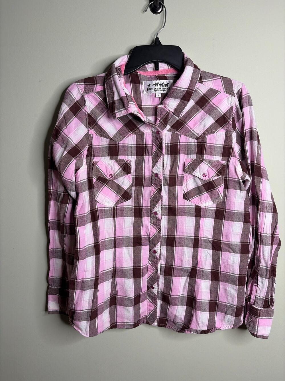 Back in the Saddle Womens Pink Brown Pearl Snap Medium